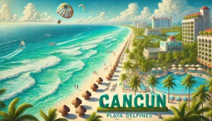 DALL·E 2025-01-14 18.06.53 - A scenic depiction of Cancun, Mexico, showcasing its vibrant essence. The image features turquoise ocean waters meeting pristine white sandy beaches,