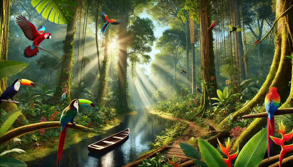 DALL·E 2025-01-15 13.05.44 - An immersive view of the Amazon Rainforest in Brazil, showing dense green foliage, tall trees with sunlight streaming through, and a meandering jungle